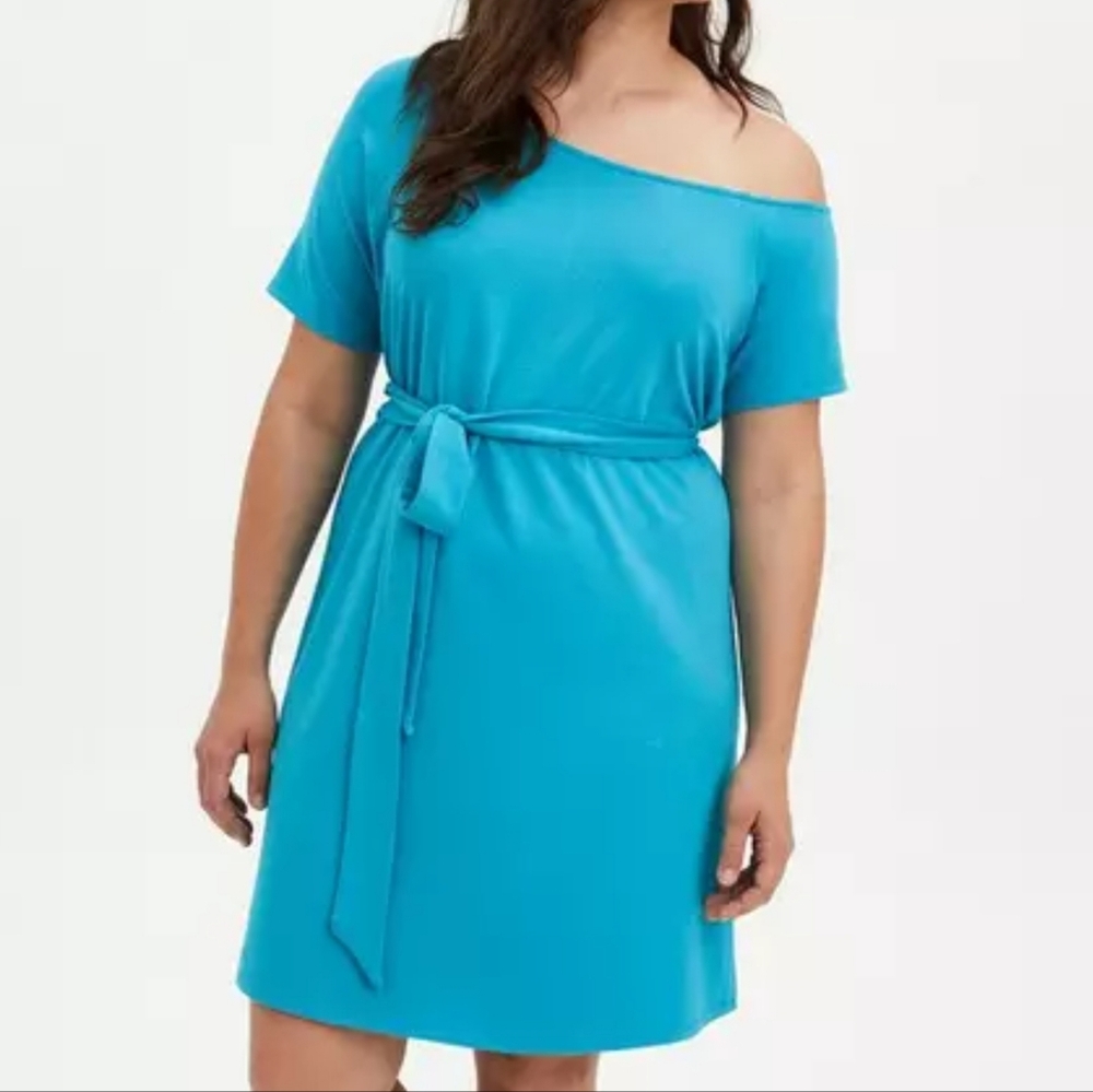 Torrid 2 2X 18/20 Blue French Terry Off Shoulder Knee Length Tshirt Dress Sheath